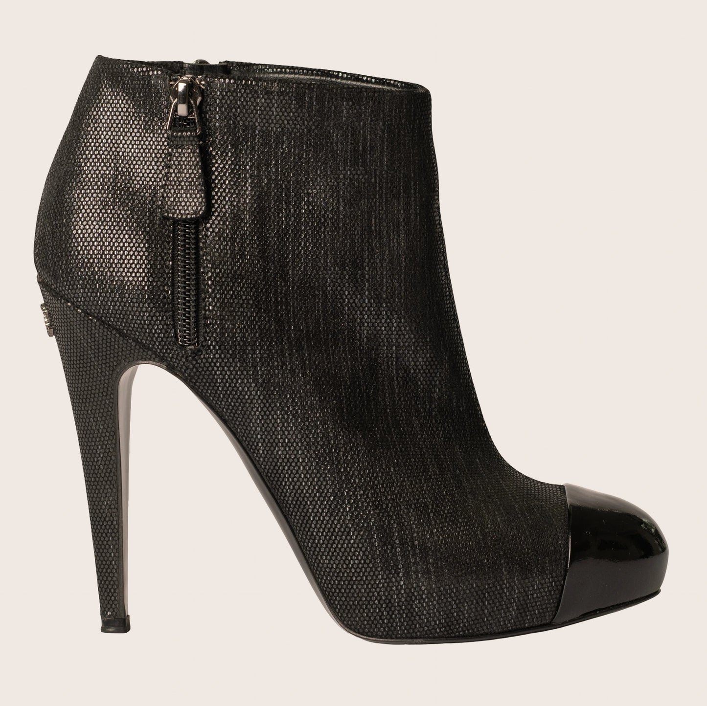 Chanel Dark Grey Metallic Leather Cap Toe Short Boots