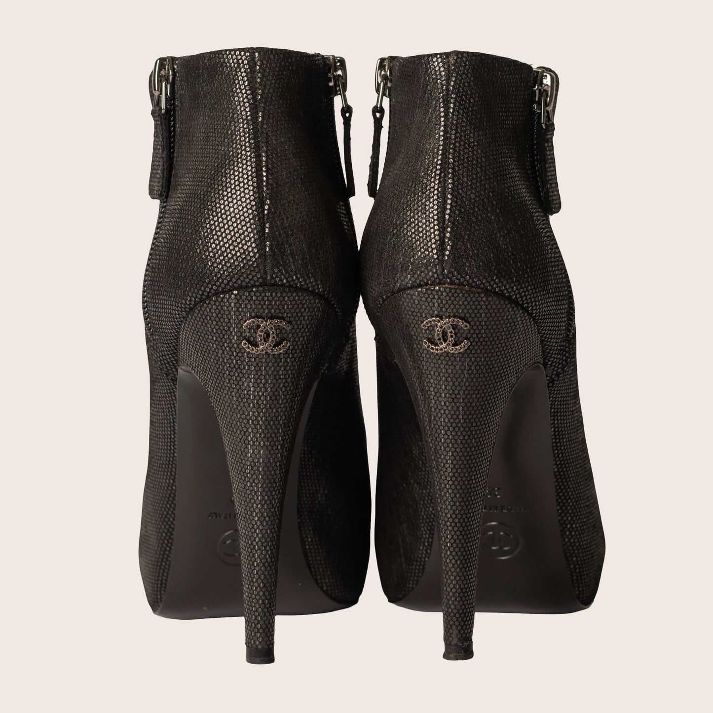 Chanel Dark Grey Metallic Leather Cap Toe Short Boots