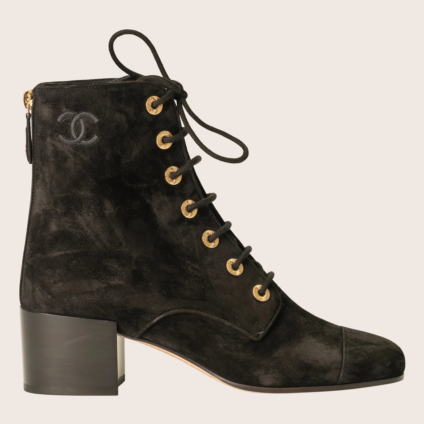 Chanel 2019 Interlocking CC Logo Suede Lace-Up Boots