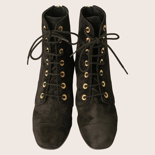 Chanel 2019 Interlocking CC Logo Suede Lace-Up Boots