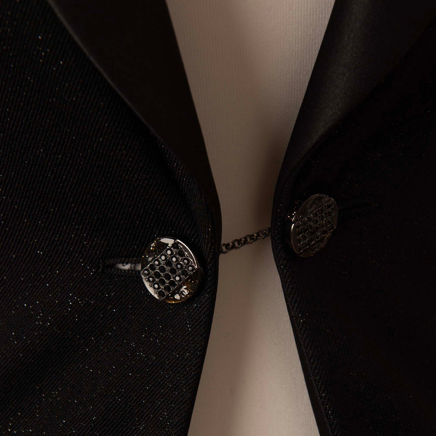 Chanel Black Sequin Tuxedo Jacket with Embellished Floral Detail
