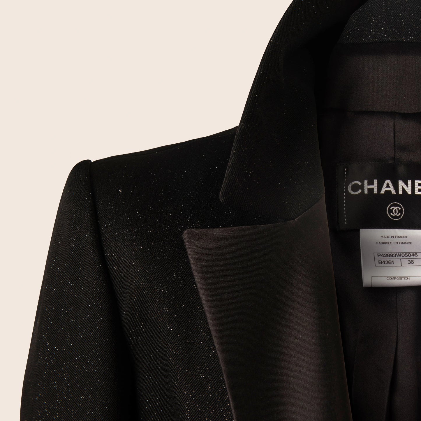 Chanel Black Sequin Tuxedo Jacket with Embellished Floral Detail