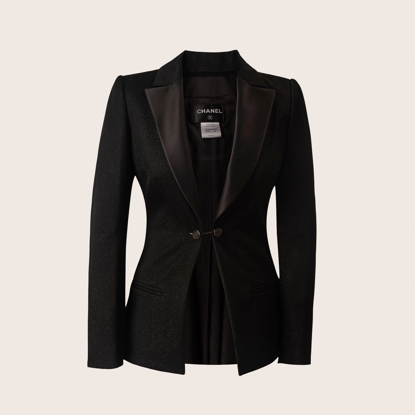 Chanel Black Sequin Tuxedo Jacket with Embellished Floral Detail