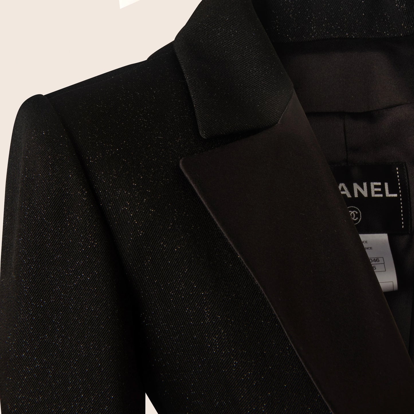 Chanel Black Sequin Tuxedo Jacket with Embellished Floral Detail