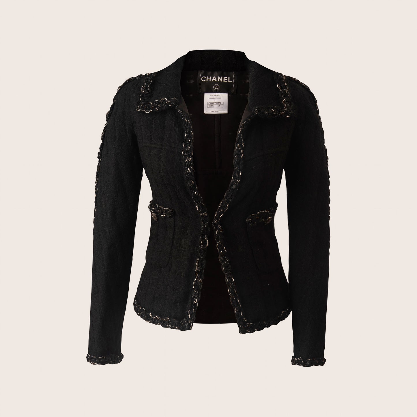 Chanel Black Tweed Jacket with Embellished Trim