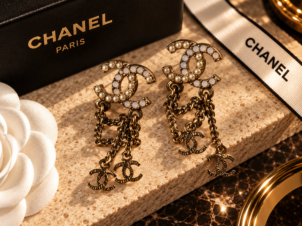 Chanel Vintage Pearl CC Chain Earrings