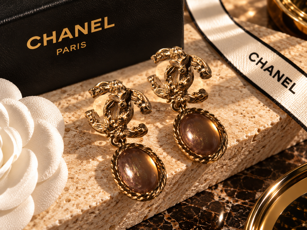Chanel Vintage Gold CC Earrings with Brown Cabochon