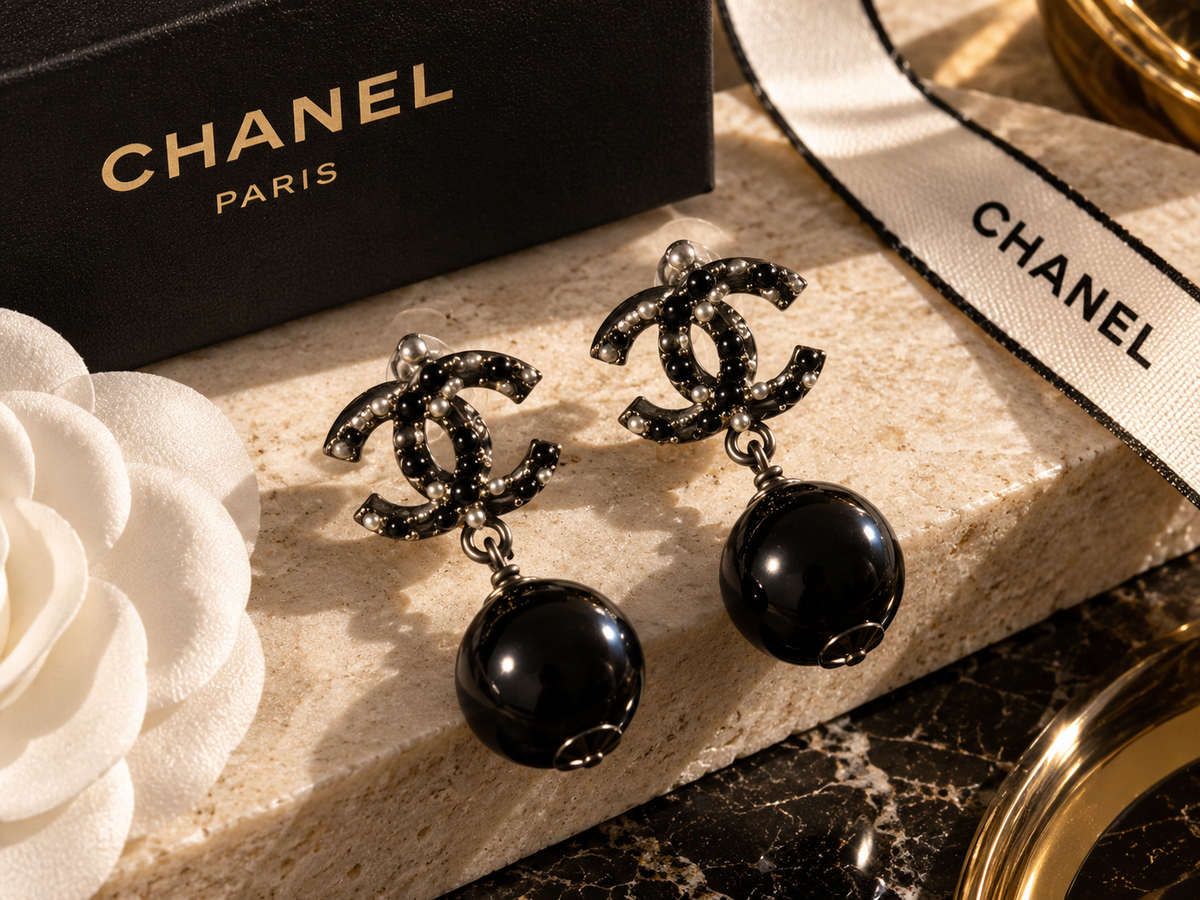 Chanel Black CC Pearl Drop Earrings