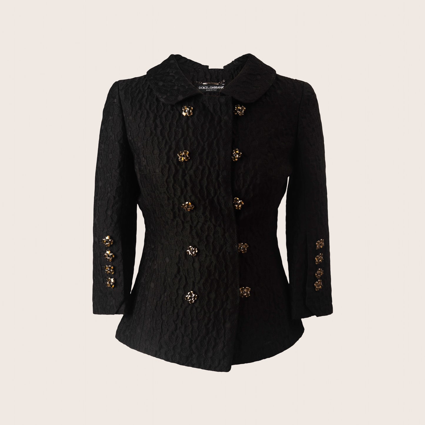Dolce & Gabbana Black Quilted Wool Jacket with Jewel-Embellished Buttons
