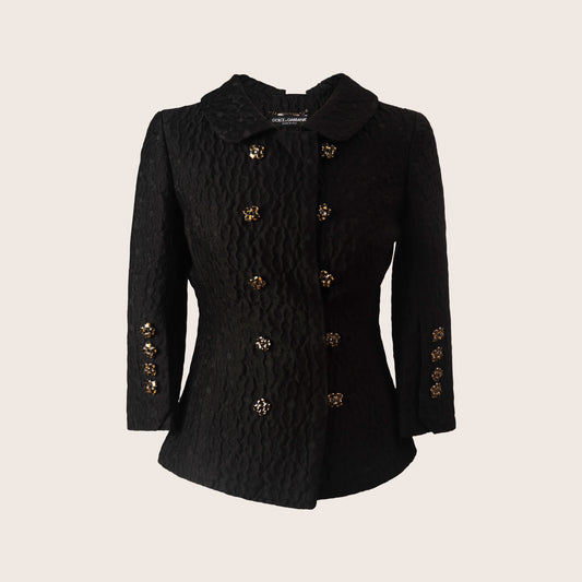 Dolce & Gabbana Black Quilted Wool Jacket with Jewel-Embellished Buttons