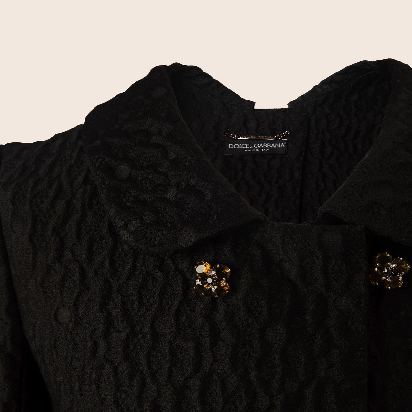 Dolce & Gabbana Black Quilted Wool Jacket with Jewel-Embellished Buttons