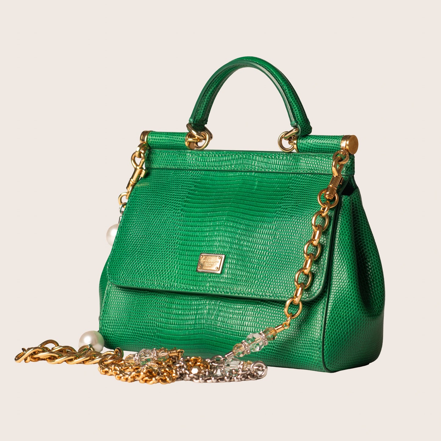 Dolce & Gabbana Green Sicily Iguana-Print Leather Bag