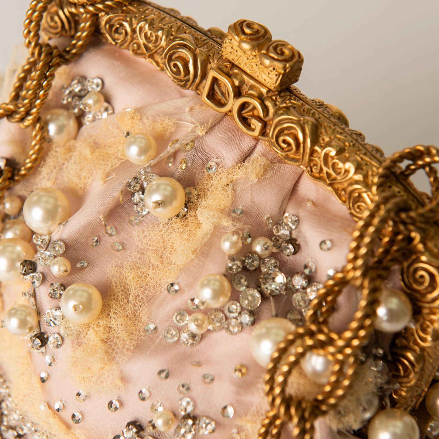 Dolce & Gabbana Embellished Lace & Pearl Frame Clutch