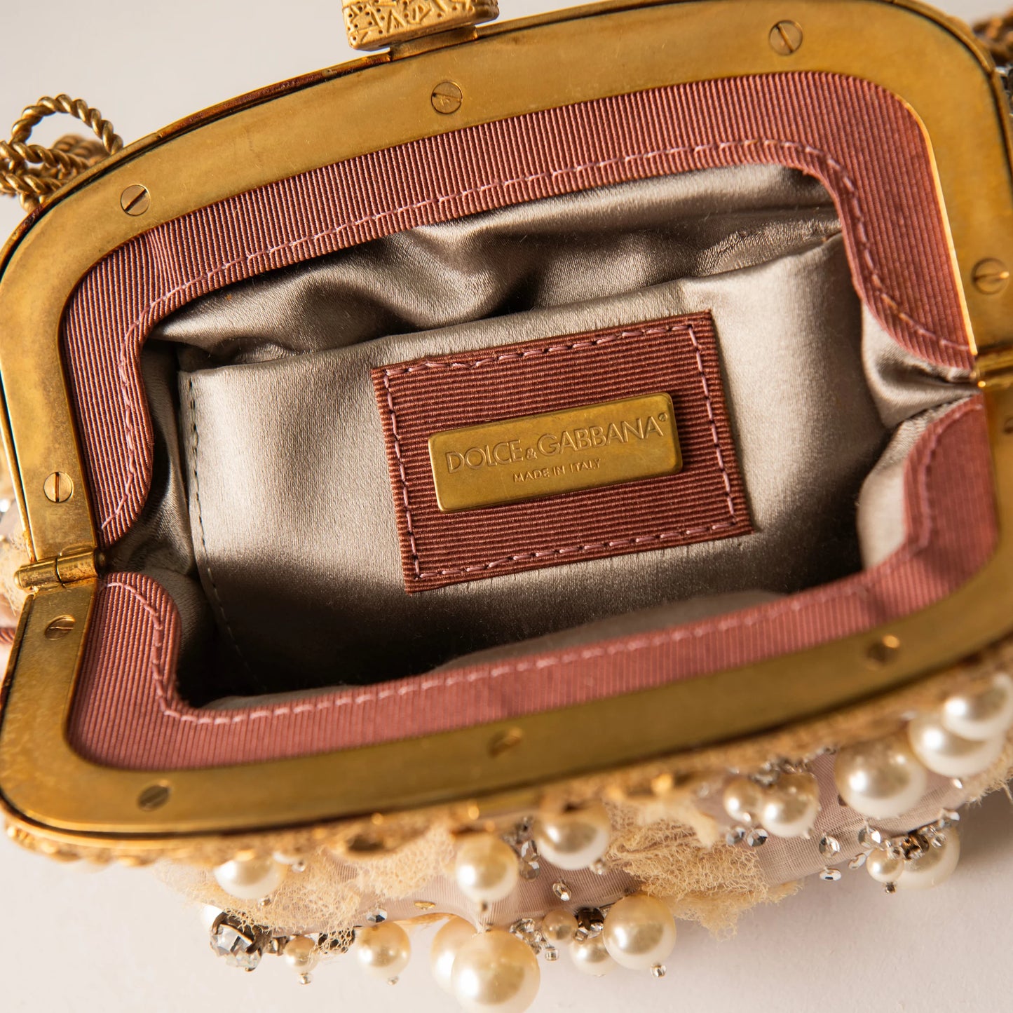 Dolce & Gabbana Embellished Lace & Pearl Frame Clutch