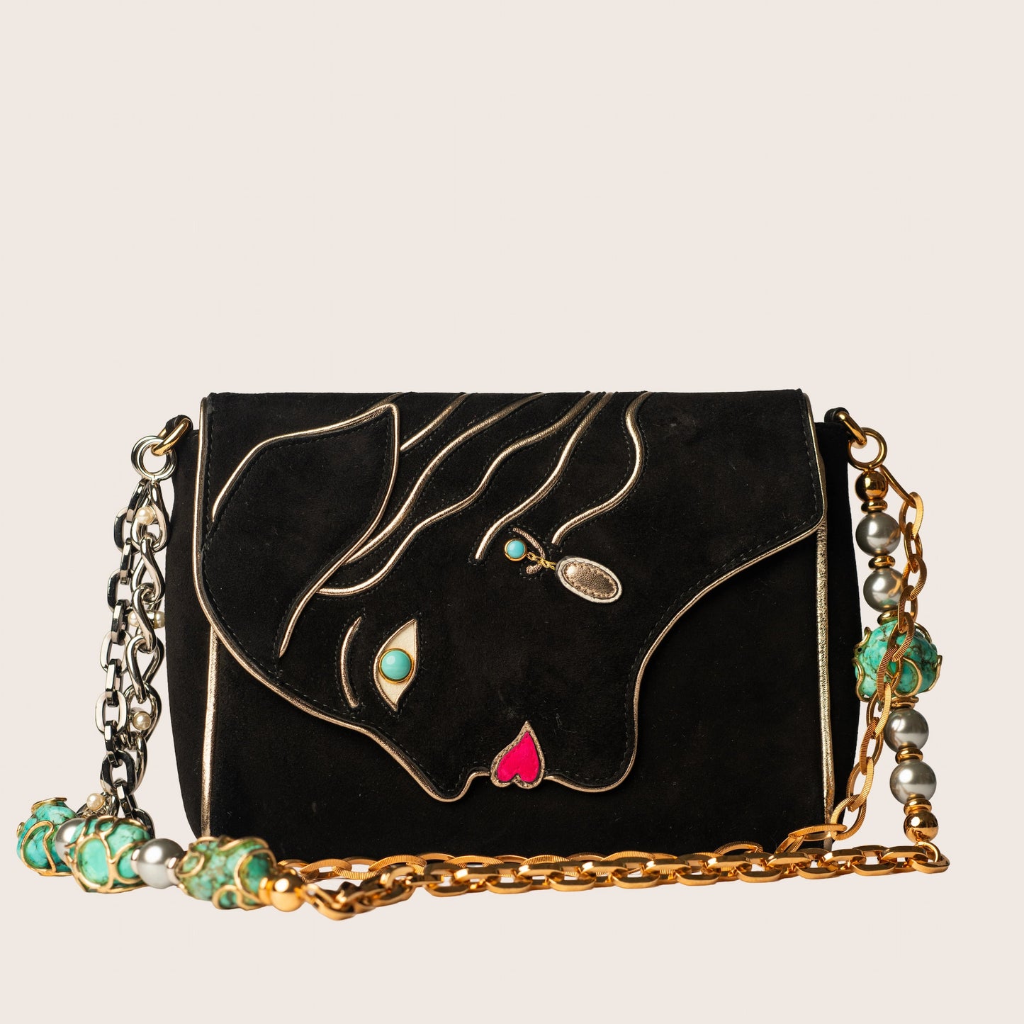 Dolce & Gabbana Black Suede Face Motif Shoulder Bag