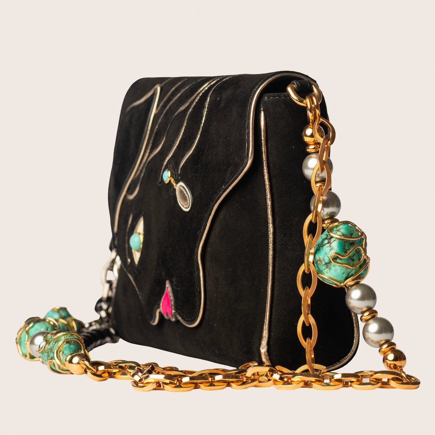 Dolce & Gabbana Black Suede Face Motif Shoulder Bag