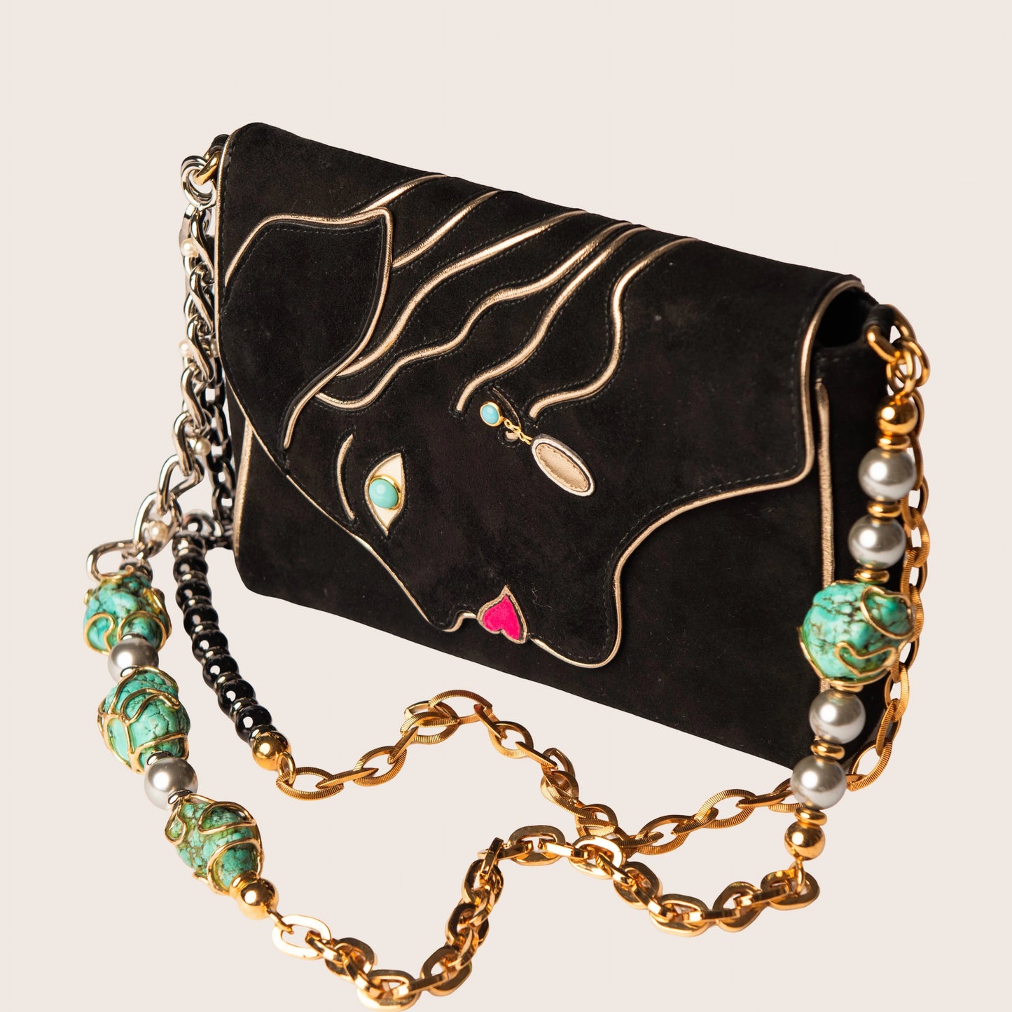 Dolce & Gabbana Black Suede Face Motif Shoulder Bag