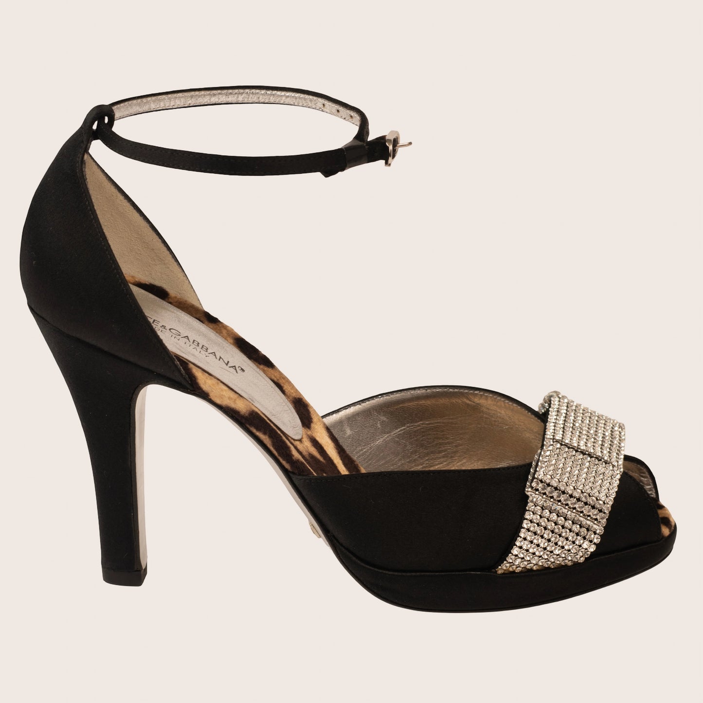 Dolce & Gabbana Black Satin Sandals with Crystal-Embellished Strap
