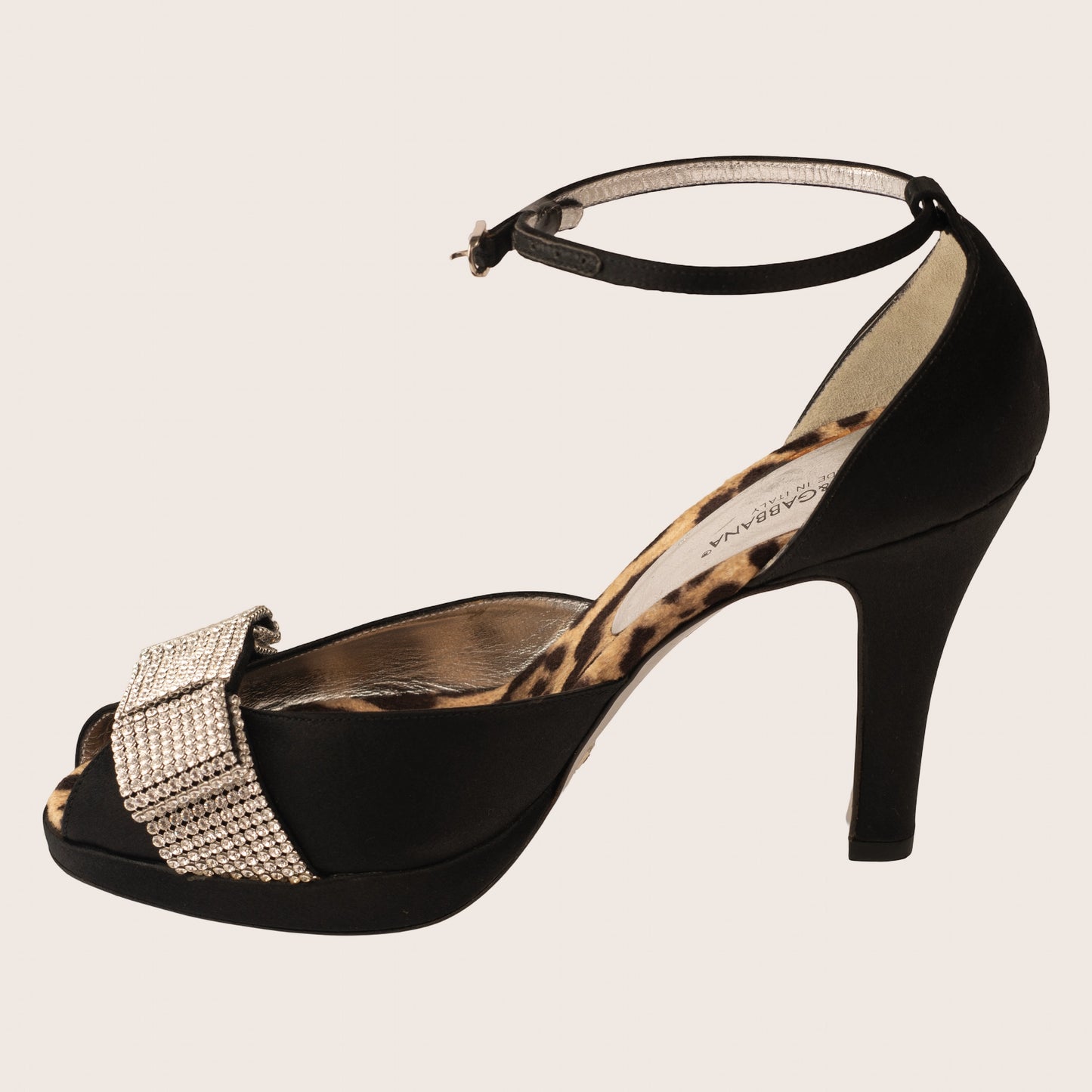 Dolce & Gabbana Black Satin Sandals with Crystal-Embellished Strap
