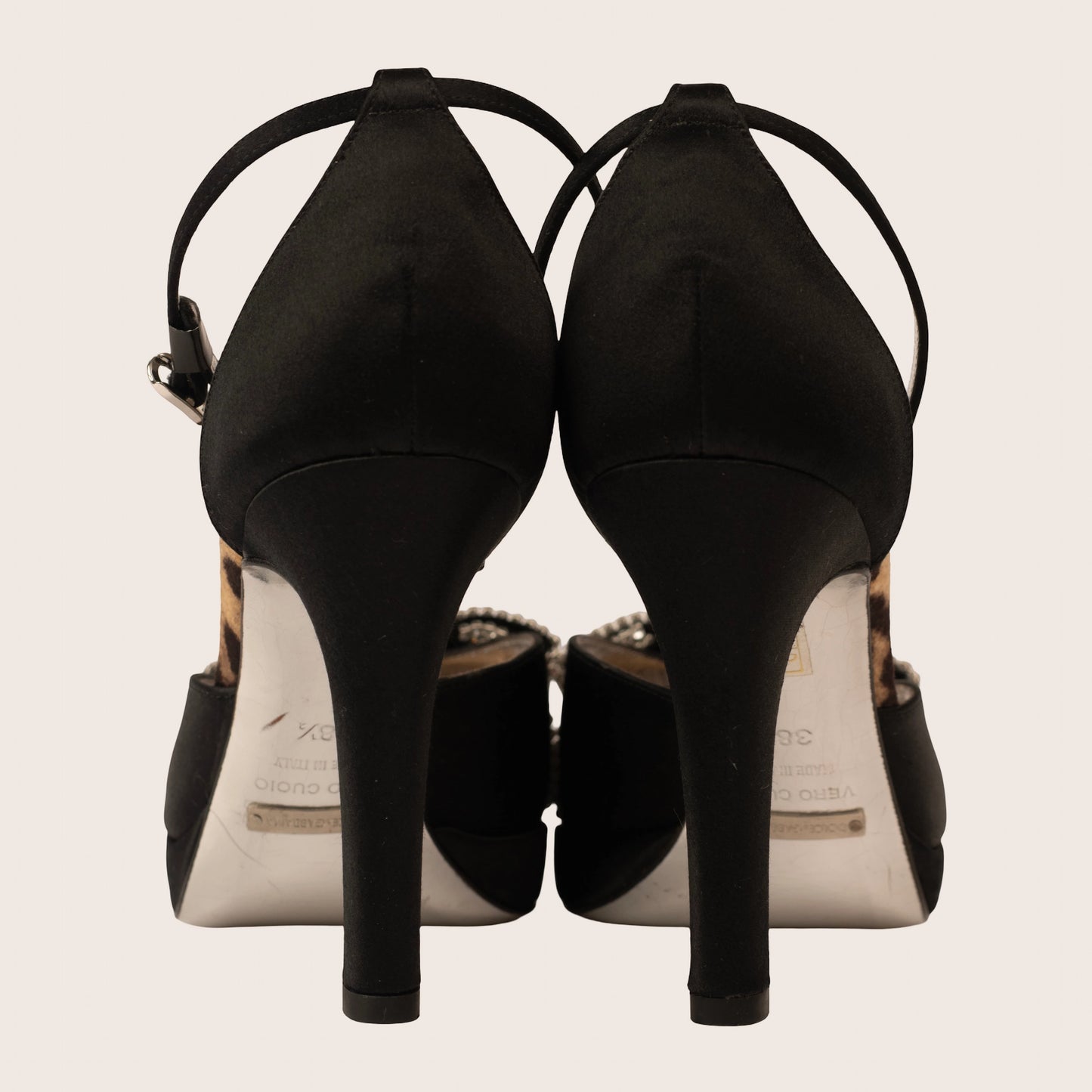 Dolce & Gabbana Black Satin Sandals with Crystal-Embellished Strap