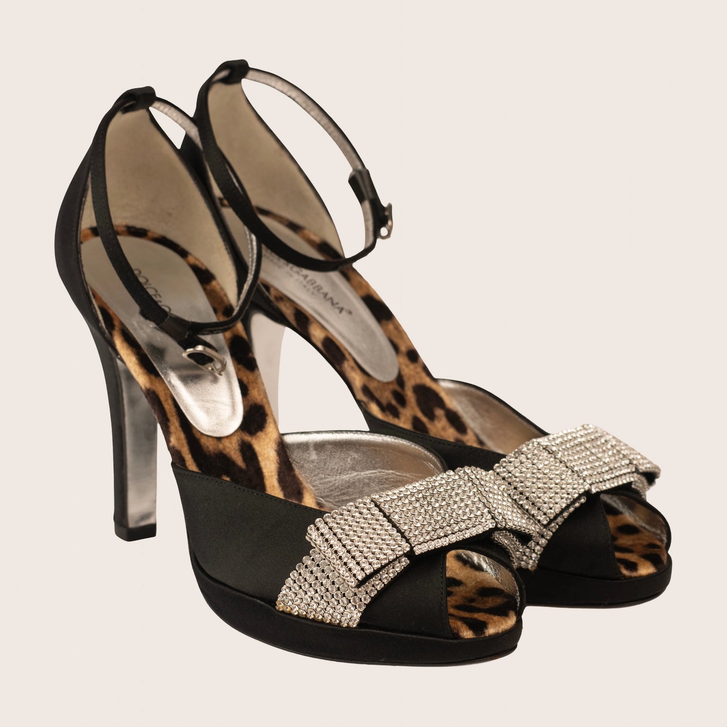 Dolce & Gabbana Black Satin Sandals with Crystal-Embellished Strap