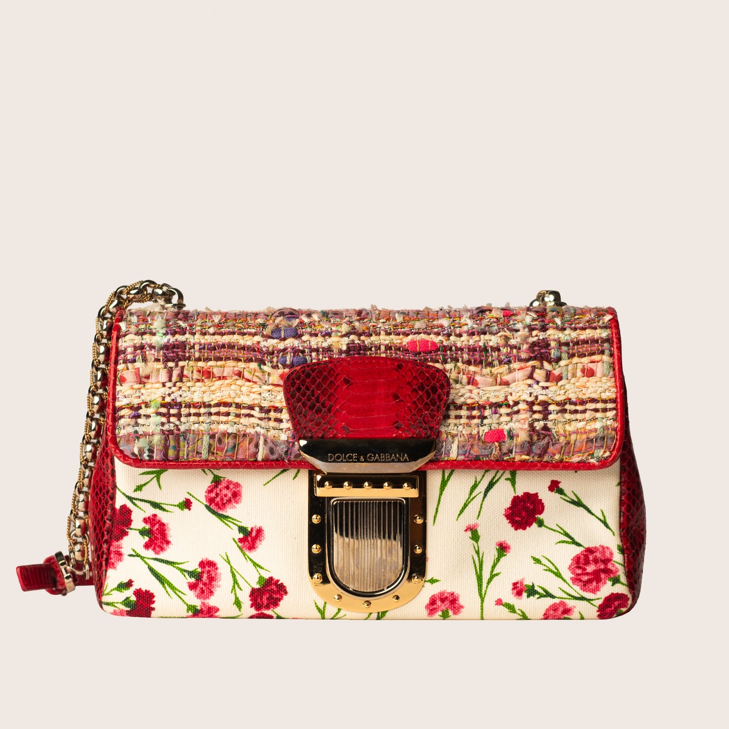 Dolce & Gabbana Multicolor Tweed & Floral Print Shoulder Bag