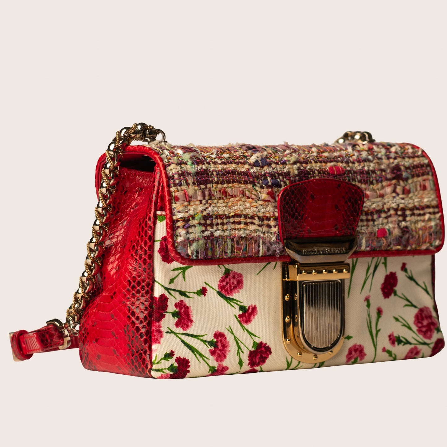 Dolce & Gabbana Multicolor Tweed & Floral Print Shoulder Bag