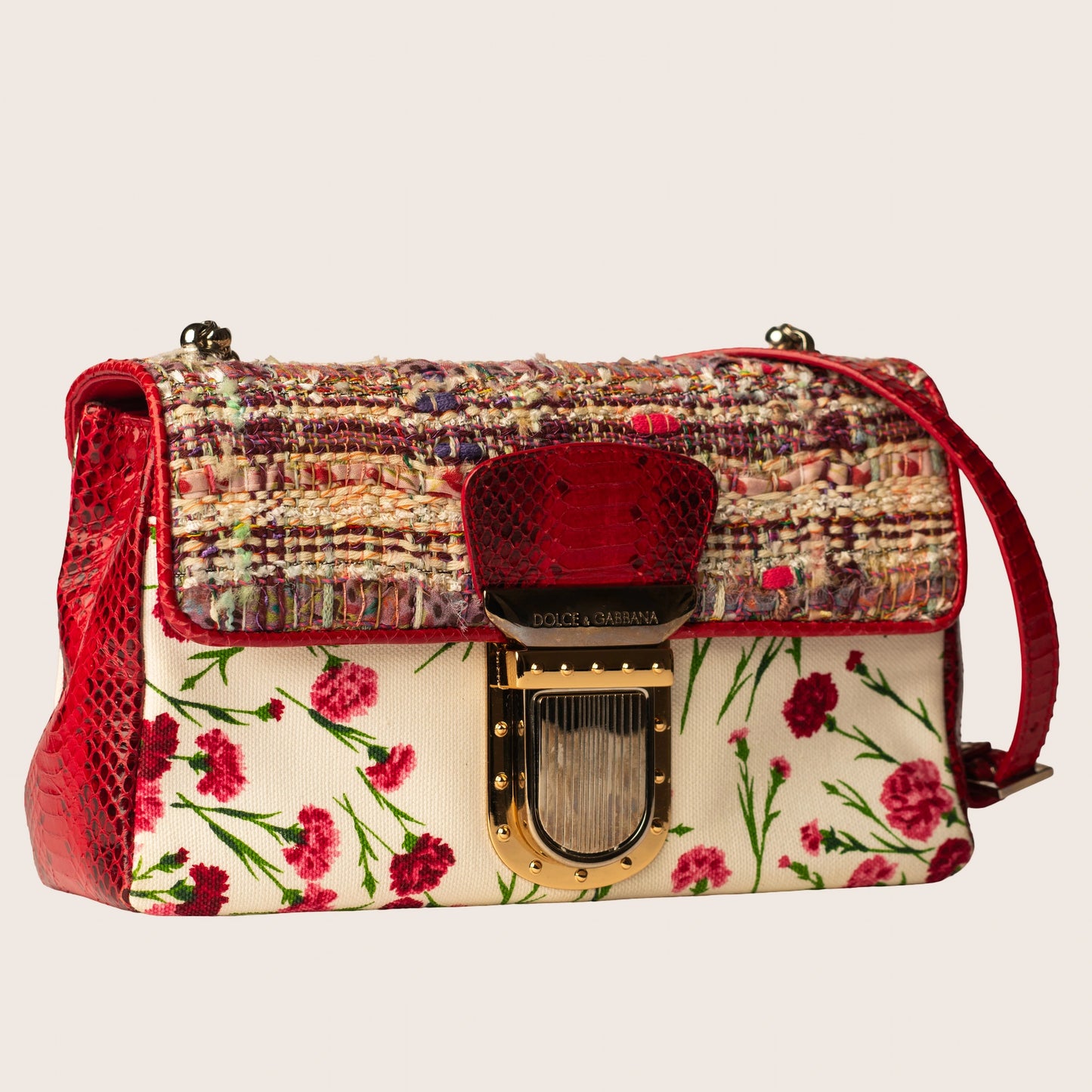 Dolce & Gabbana Multicolor Tweed & Floral Print Shoulder Bag