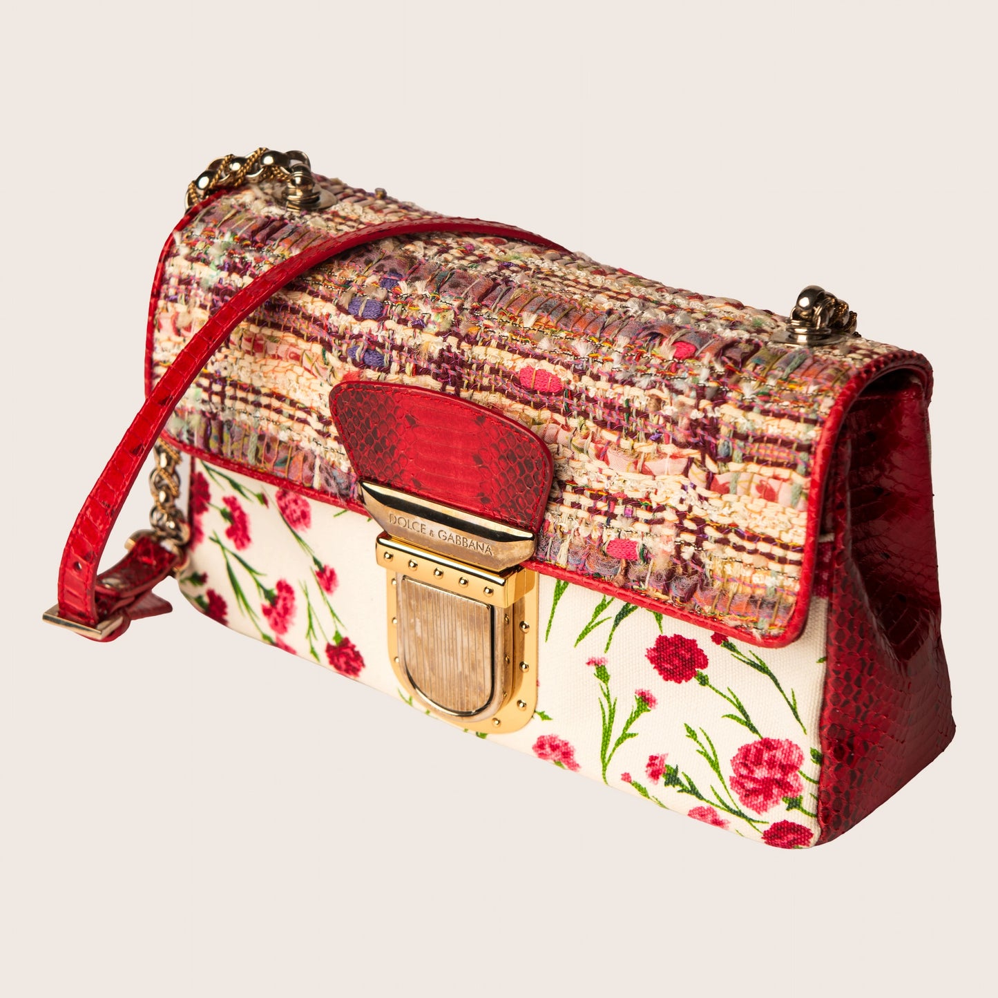 Dolce & Gabbana Multicolor Tweed & Floral Print Shoulder Bag