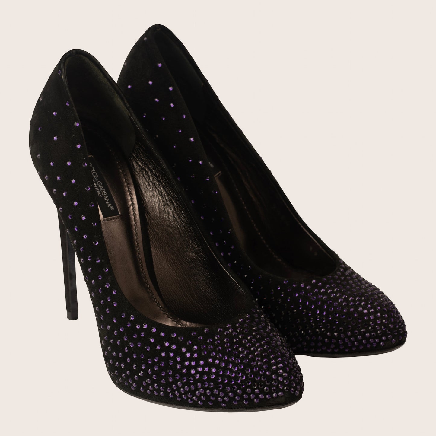 Dolce & Gabbana Black Velvet Pumps with Purple Rhinestone Detail