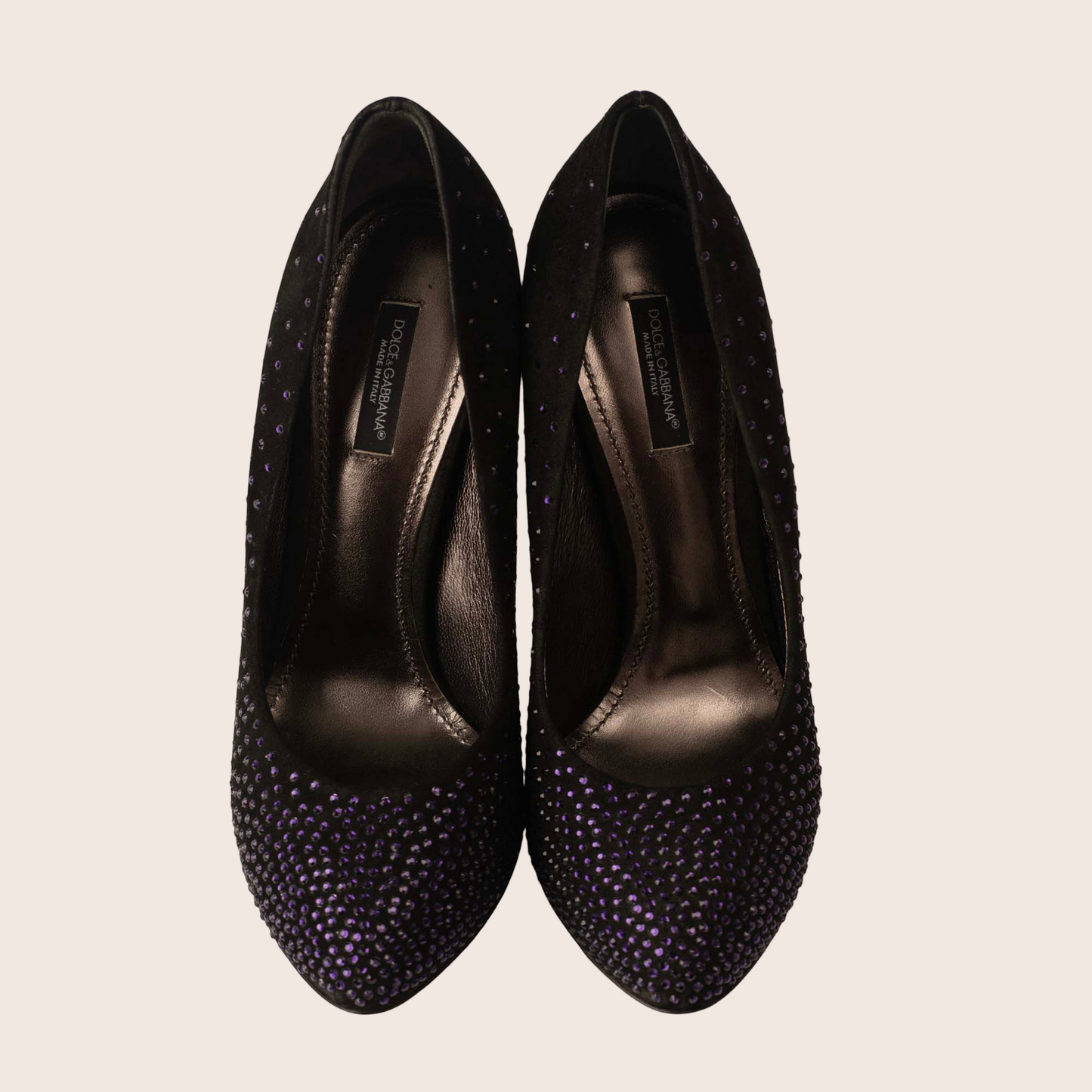 Dolce & Gabbana Black Velvet Pumps with Purple Rhinestone Detail