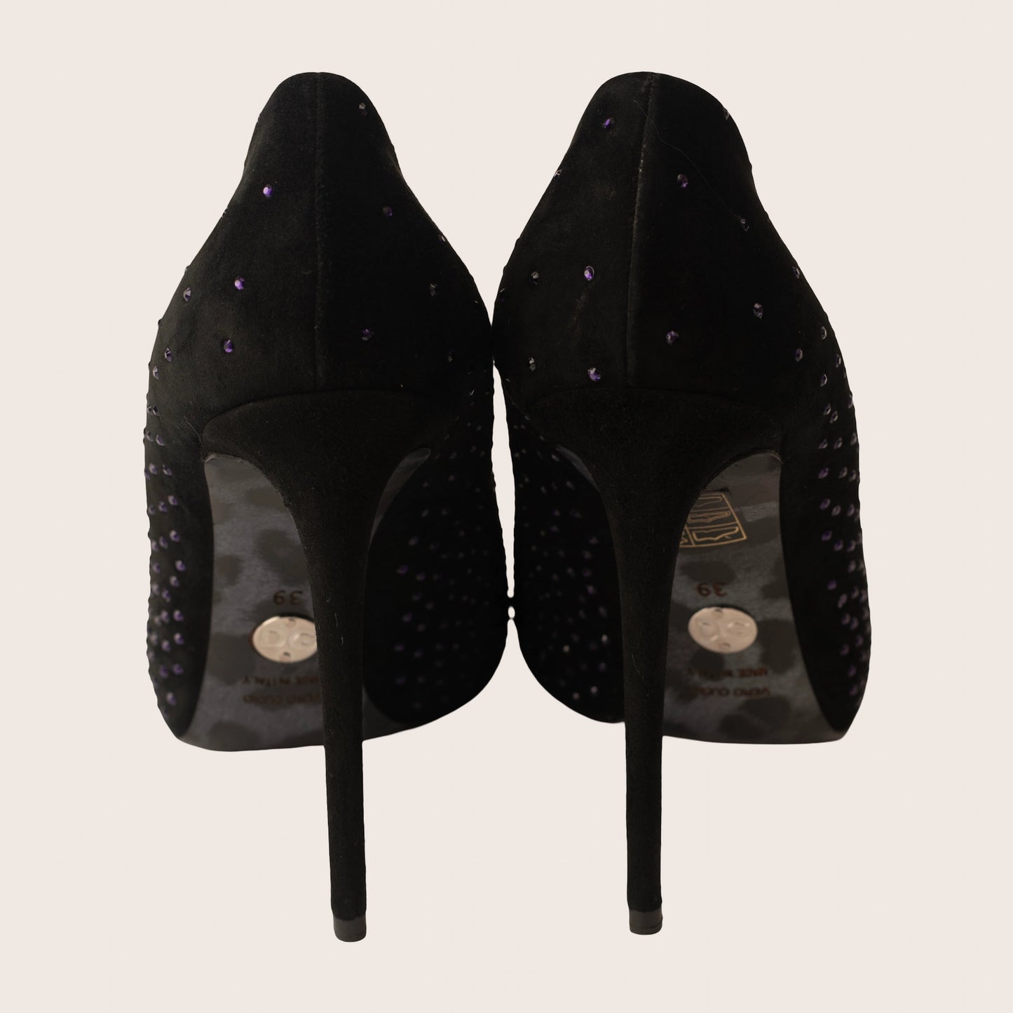 Dolce & Gabbana Black Velvet Pumps with Purple Rhinestone Detail