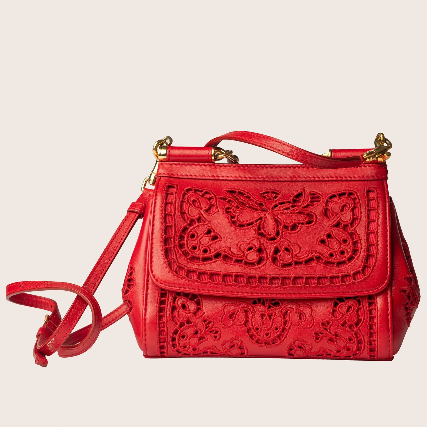 Dolce & Gabbana Sicily Embroidered Red Leather Bag