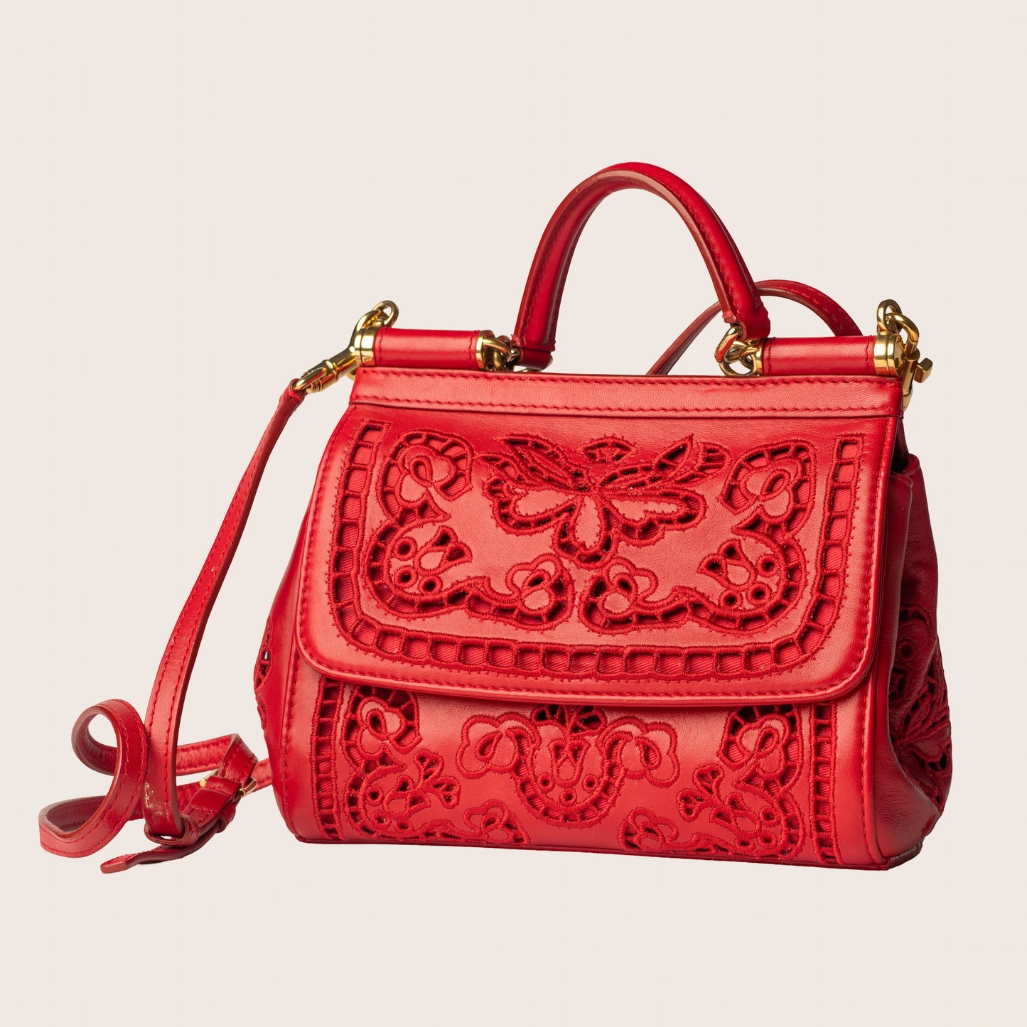 Dolce & Gabbana Sicily Embroidered Red Leather Bag