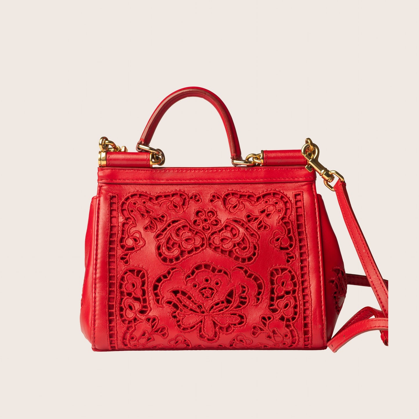 Dolce & Gabbana Sicily Embroidered Red Leather Bag
