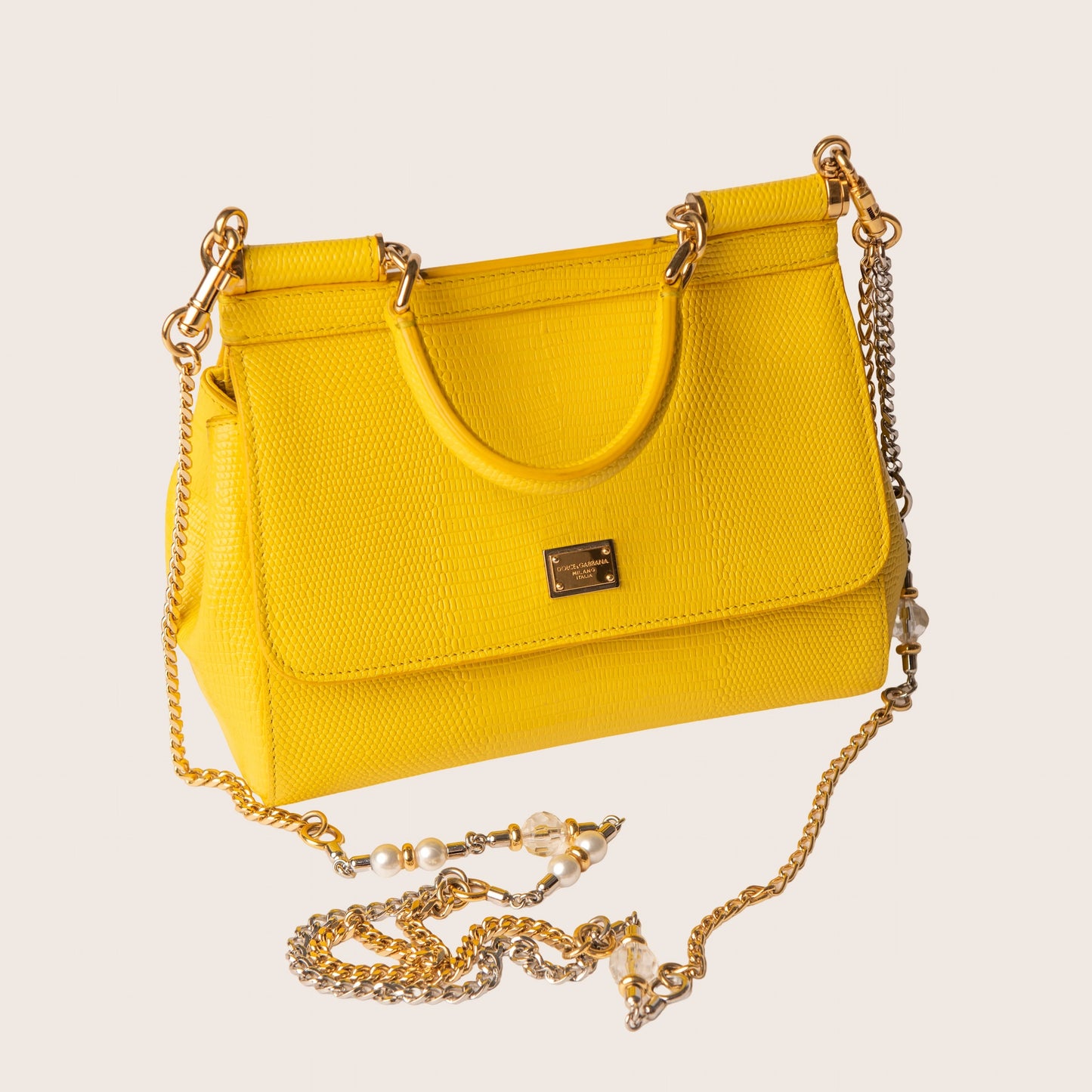 Dolce & Gabbana Miss Sicily Satchel in Yellow Lizard-Embossed Leather
