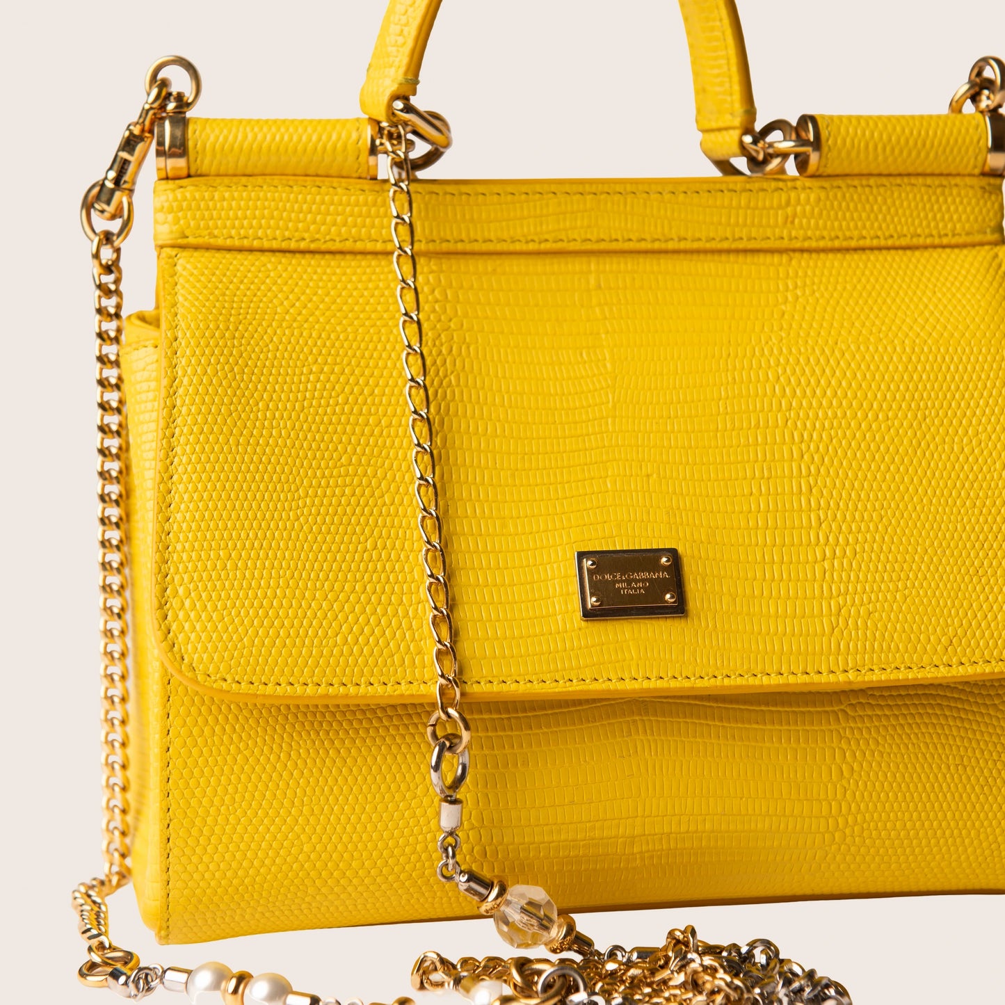 Dolce & Gabbana Miss Sicily Satchel in Yellow Lizard-Embossed Leather