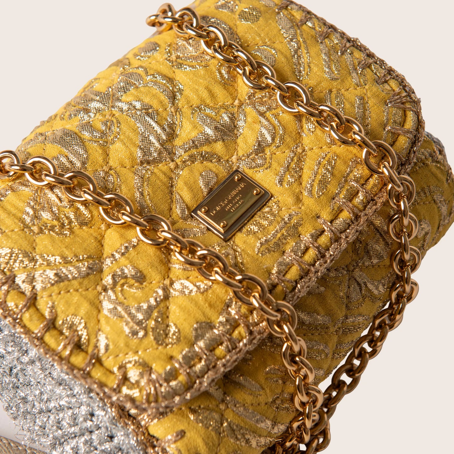 Dolce & Gabbana Yellow & Silver Floral Quilted Shoulder Bag