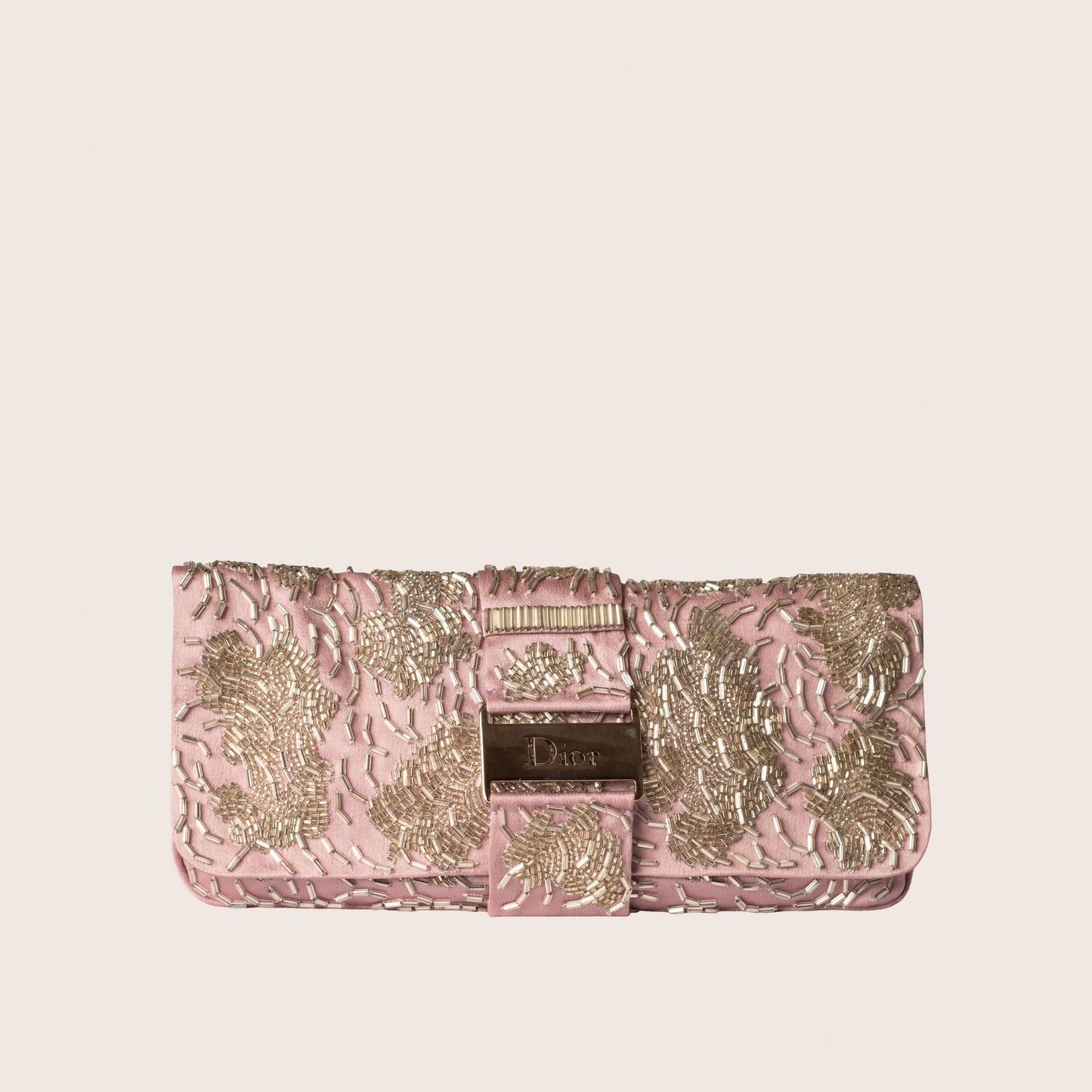Christian Dior Vintage Pink Silk Beaded Flap Clutch