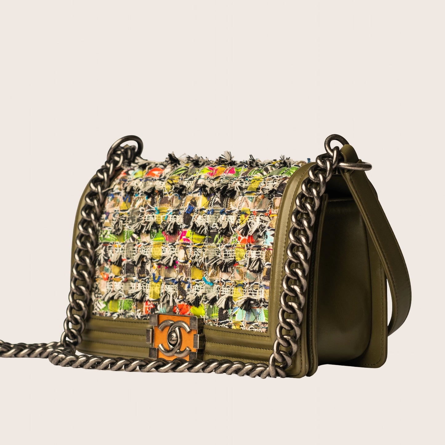 Chanel Boy Bag Khaki Leather & Multicolor Tweed