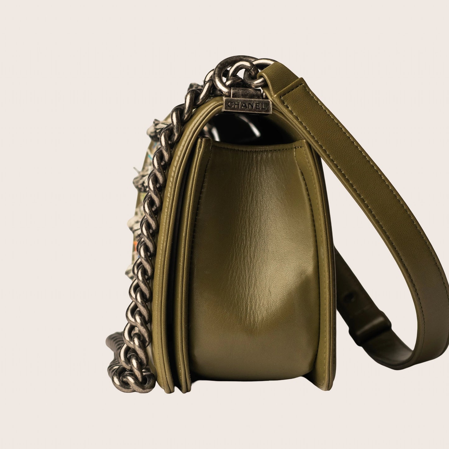 Chanel Boy Bag Khaki Leather & Multicolor Tweed