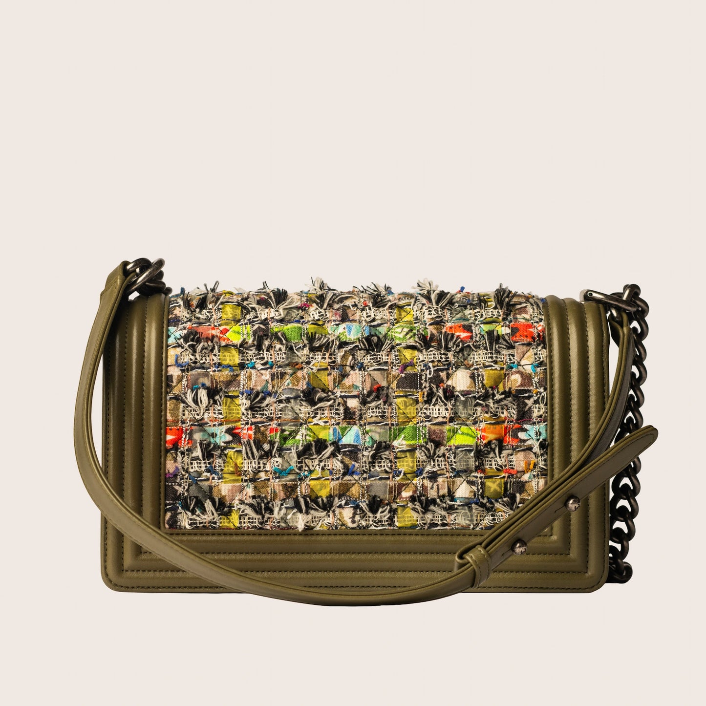 Chanel Boy Bag Khaki Leather & Multicolor Tweed