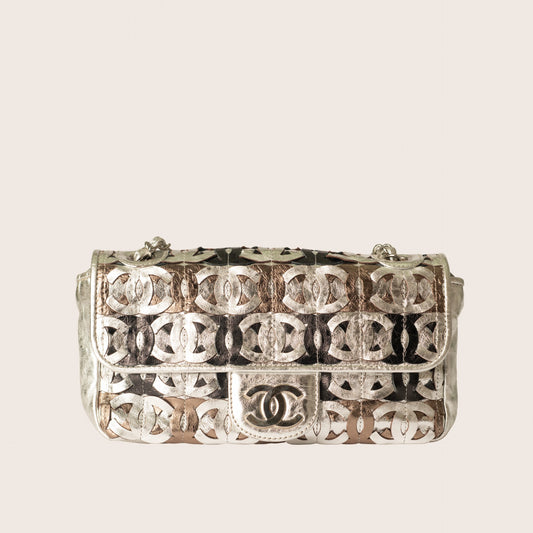 Chanel Metallic Crackled Calfskin CC Mix Flap Bag Silver Gold