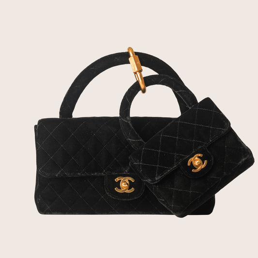 Chanel 1995 Vintage Double Bag in Black Quilted Velvet