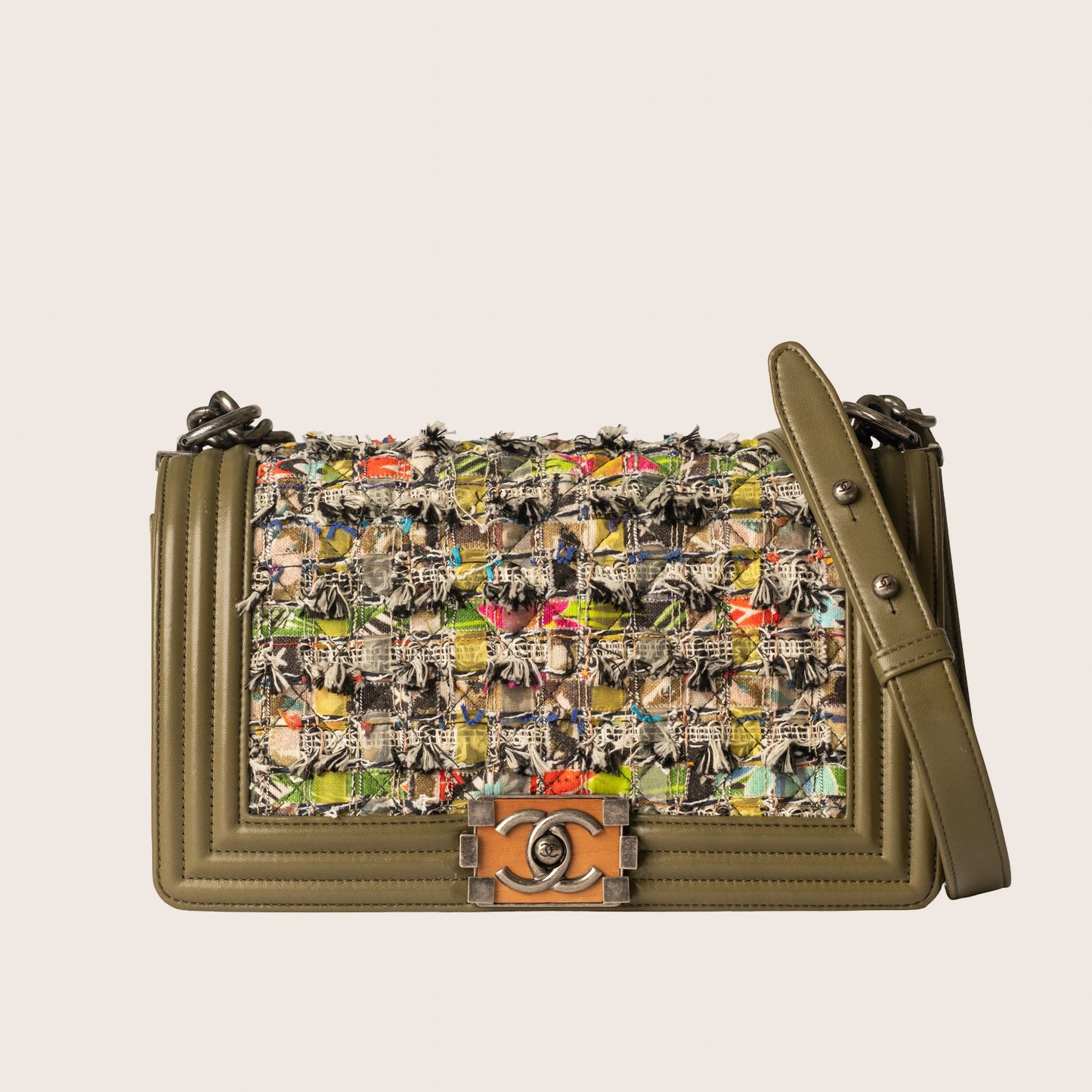 Chanel Boy Bag Khaki Leather & Multicolor Tweed