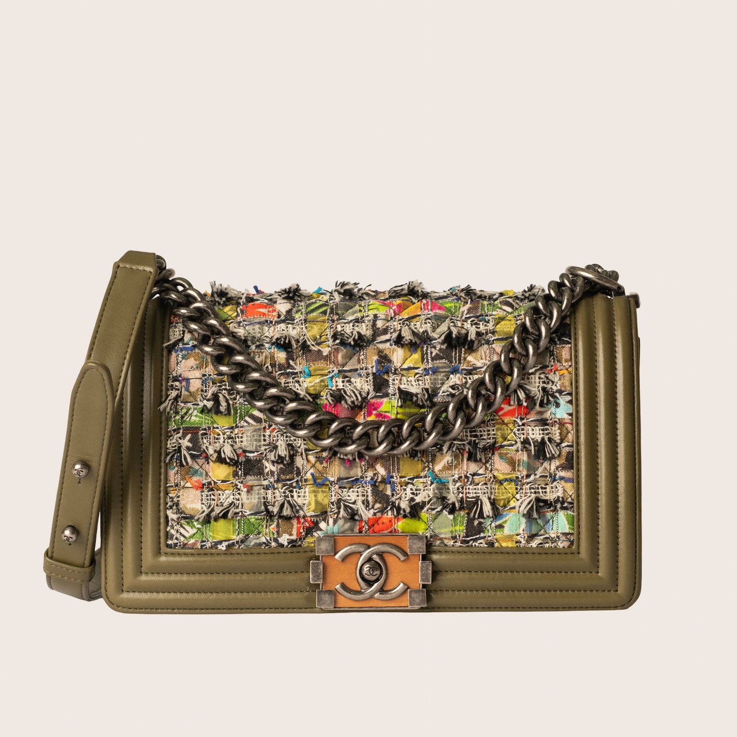 Chanel Boy Bag Khaki Leather & Multicolor Tweed
