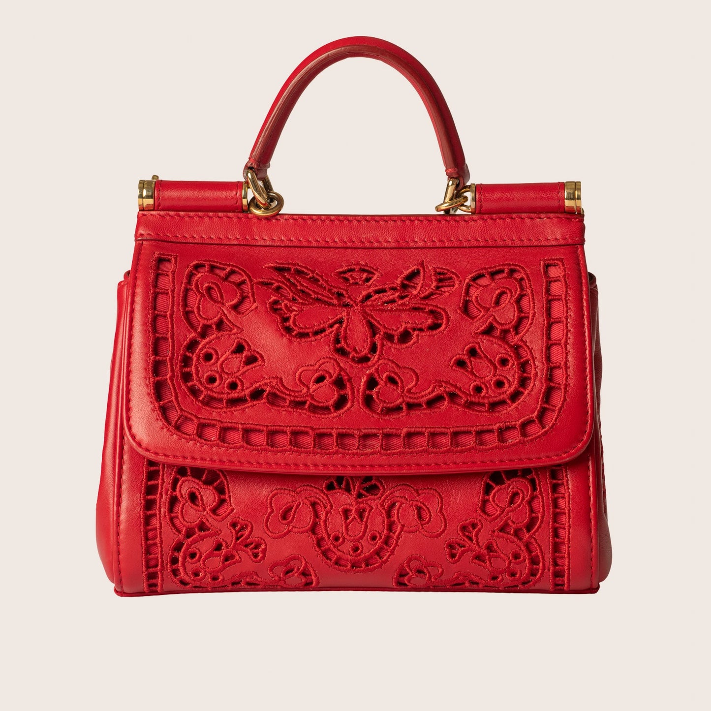 Dolce & Gabbana Sicily Embroidered Red Leather Bag