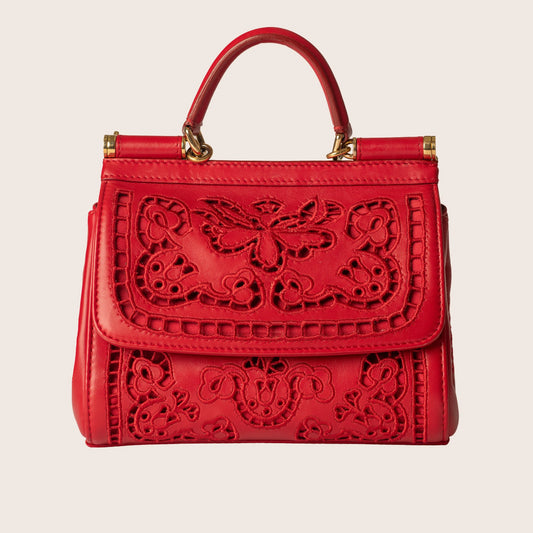 Dolce & Gabbana Sicily Embroidered Red Leather Bag