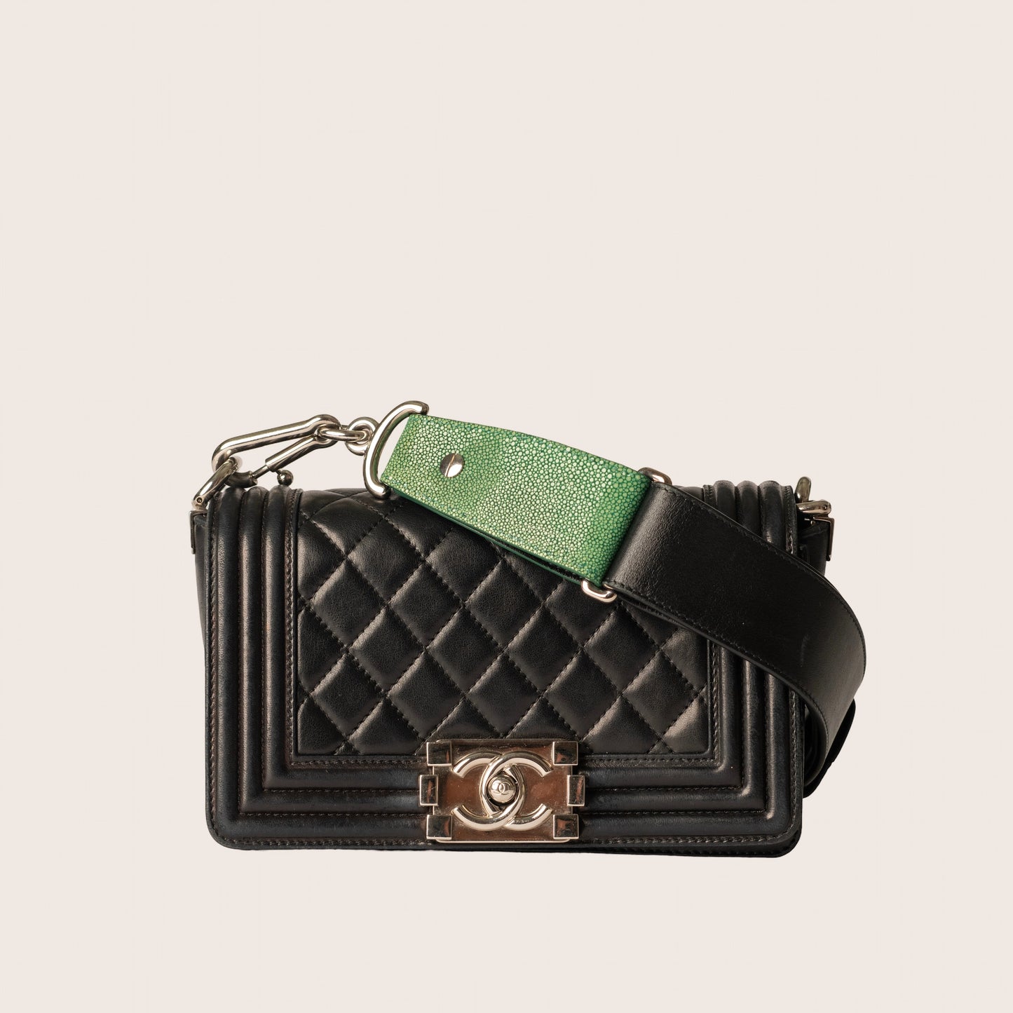 Chanel Black Quilted Lambskin Green Stingray Small Boy Bag Silver Hardware