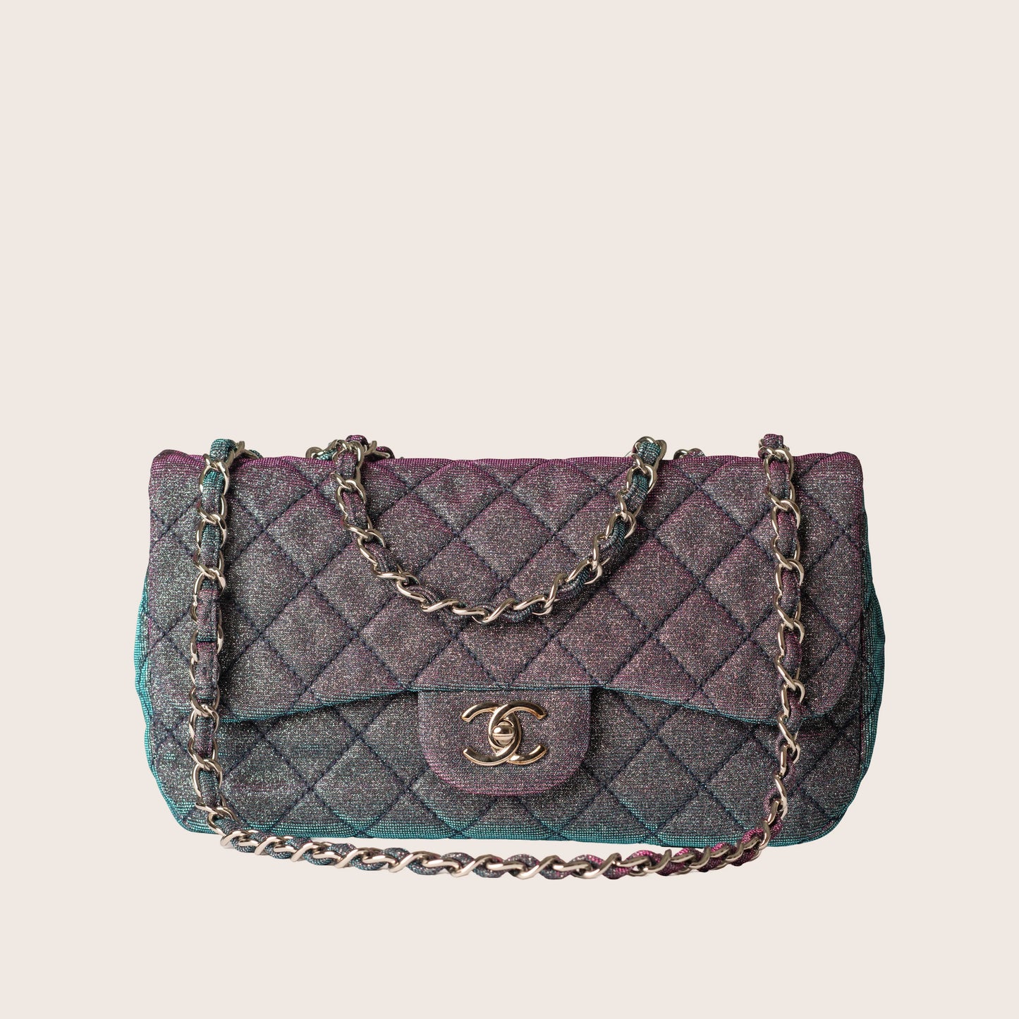 Chanel Iridescent Multicolor Quilted Glitter Fabric Jumbo Single Flap Bag